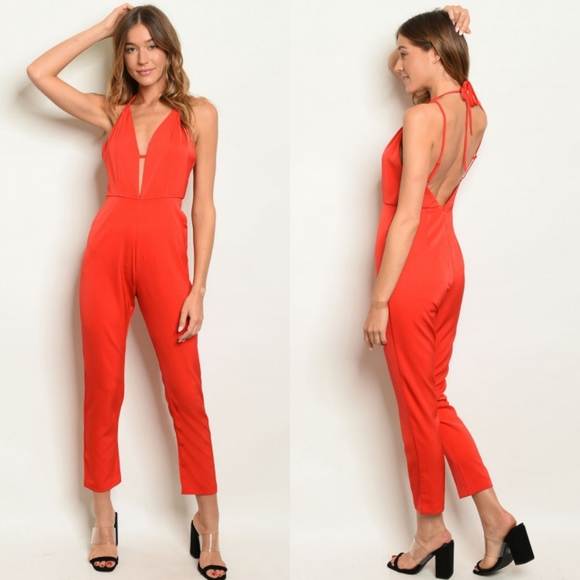 Red Taper Leg Backless Halter Jumpsuit